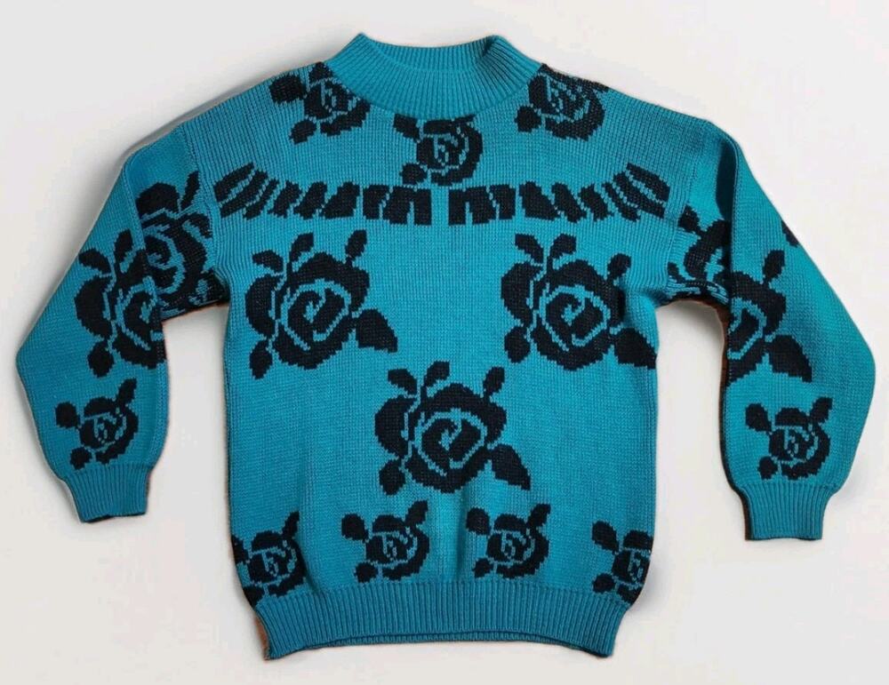 Vintage Adele Knitwear Sweater Rose Floral Teal Black USA Womens M/L 90s Y2K